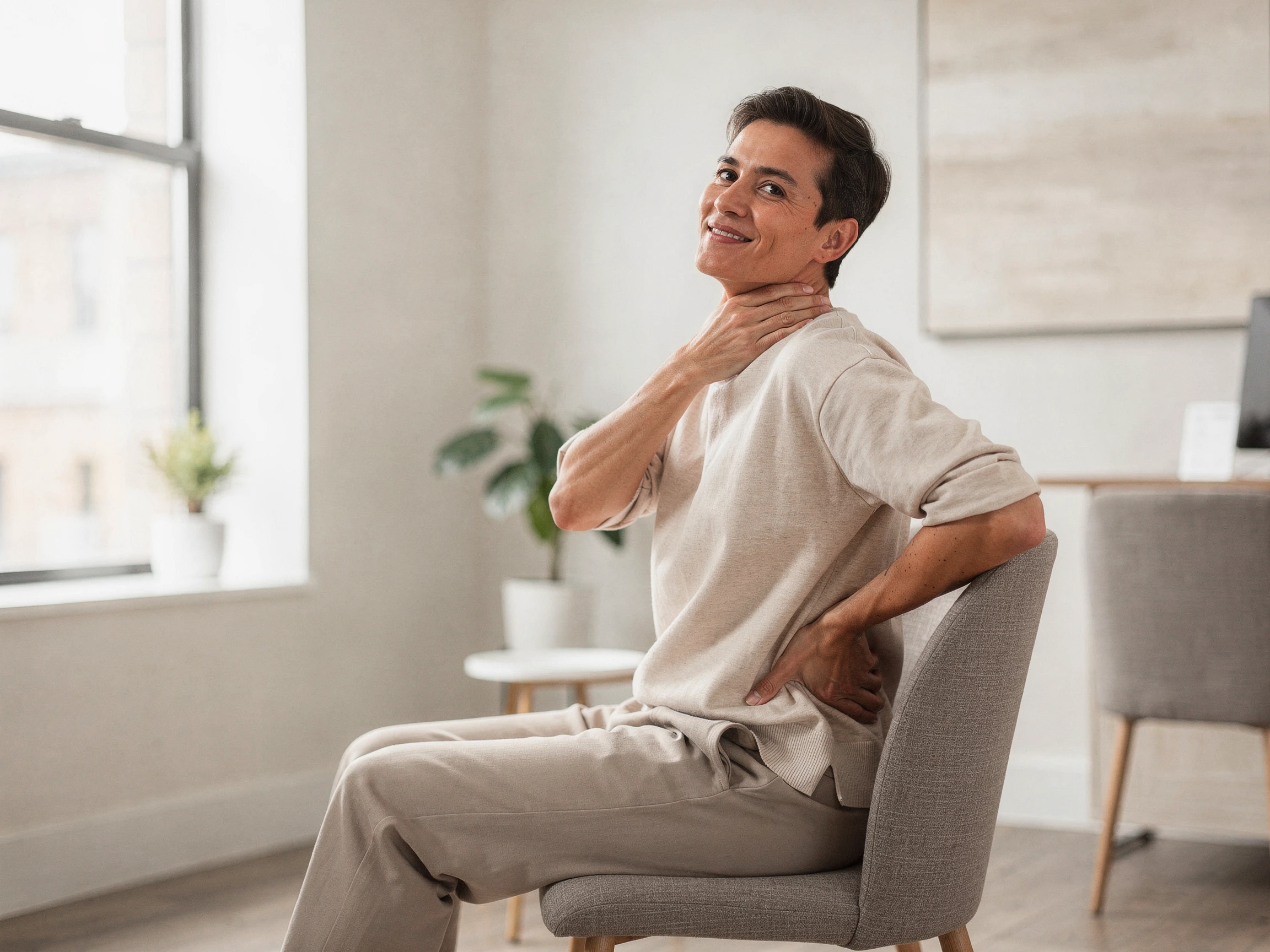 Man sitting in chair touching his neck and lower back, showing areas of pain